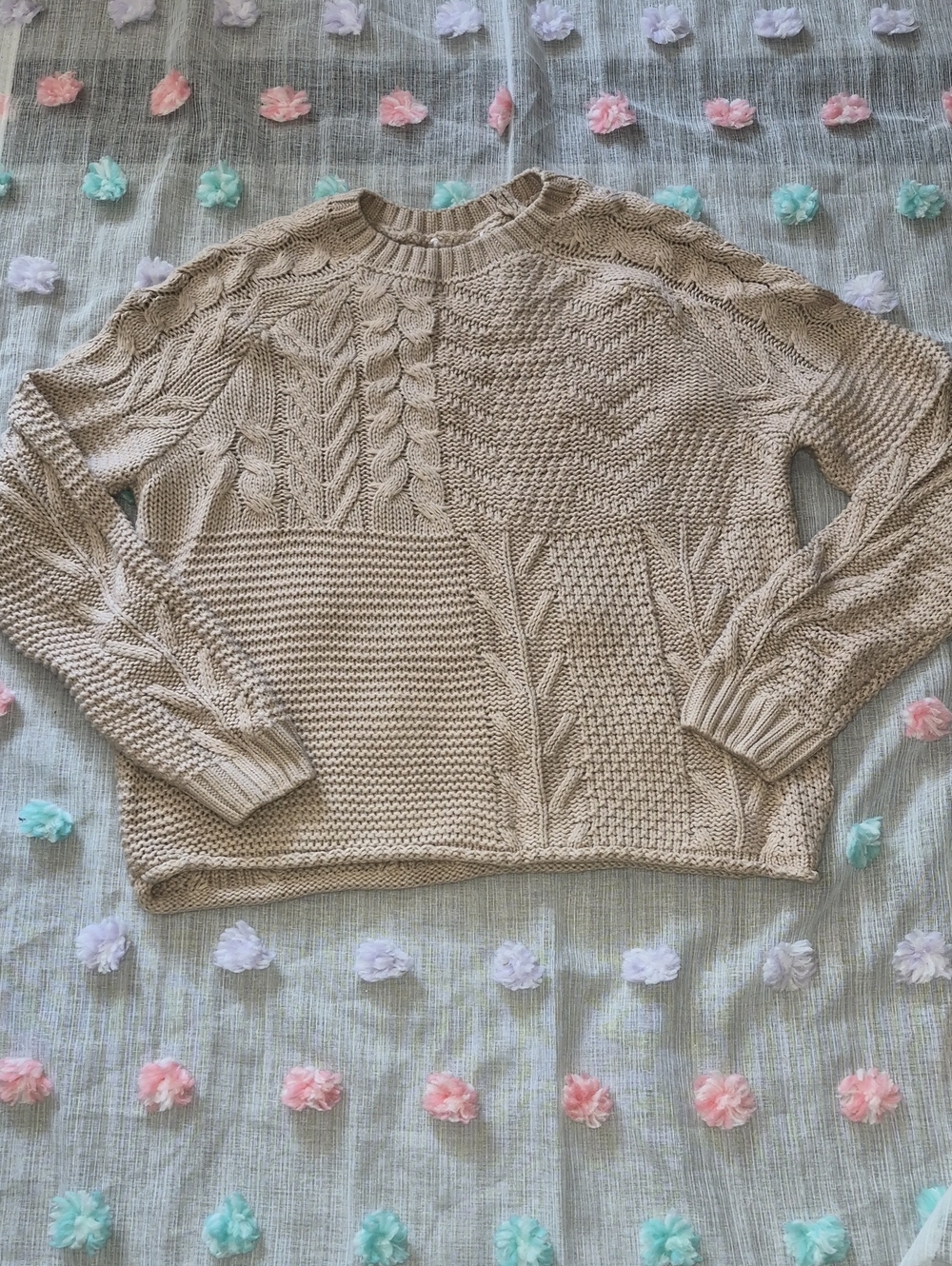 Womens Cable Knit Patchwork Sweater - Cream